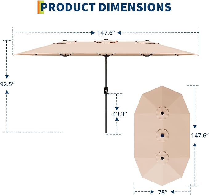 13FT Patio Umbrella, Outdoor Double-Sided Rectangle Market Umbrella with Crank Handle for Pool, Lawn, Garden, Backyard, Beige
