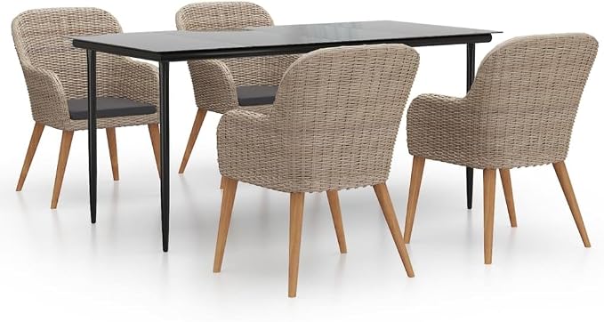 5 Piece Patio Dining Set with Cushions Brown Acacia Wood Outdoor Dining Table and Chairs Tempered Glass Top for Garden Backyard Porch Balcony Seating 4 People
