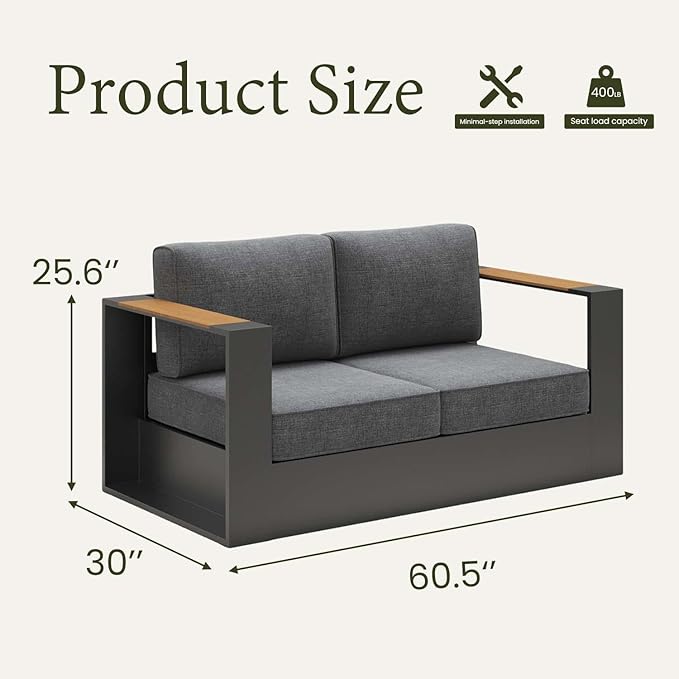 LayinSun 1 Pieces Aluminum Patio Furniture Set, Oversized Outdoor Conversation Set 2 Seats with 6" Thick Cushions for Outside Porch, Balcony, Deck