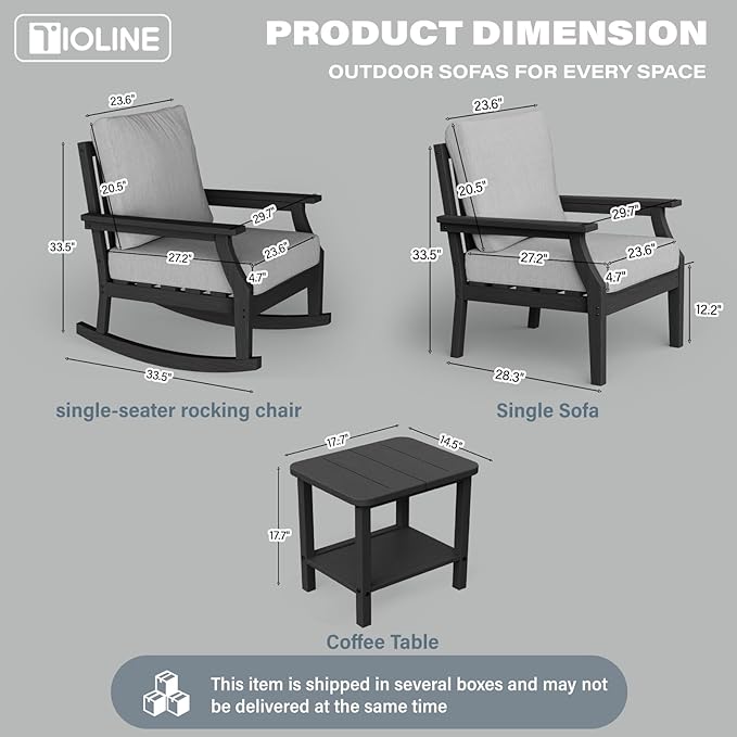 HDPE Patio Conversation Set, 3-Piece All Weather Outdoor Furniture Set with 1 Single Sofa，1 Rocking Sofa for Deck, Lawn, with Cushion, Black