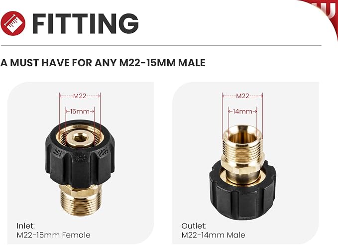WOJET Pressure Washer Adapter, M22 15mm Female Thread to M22 14mm Male Fitting, 5000 PSI Power Washer Hose Coupler, Connect M22 14mm Quick Connect to Power Washer or Accessories with 15mm Outlet/Inlet
