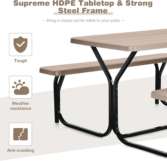 DORTALA Plastic Picnic Table for Outdoors, All Weather Faux Wood Patio Picnic Table Set with Benches for Outdoor, Cafeteria and Commercial, Brown