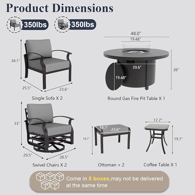 ALAULM Aluminum Patio Furniture Set with Coffee Table Rectangular, 5-seat Outdoor Sectional Furniture w/2 Swivel Chairs, Patio Conversation Set for Porch, Backyard, Poolside-Grey