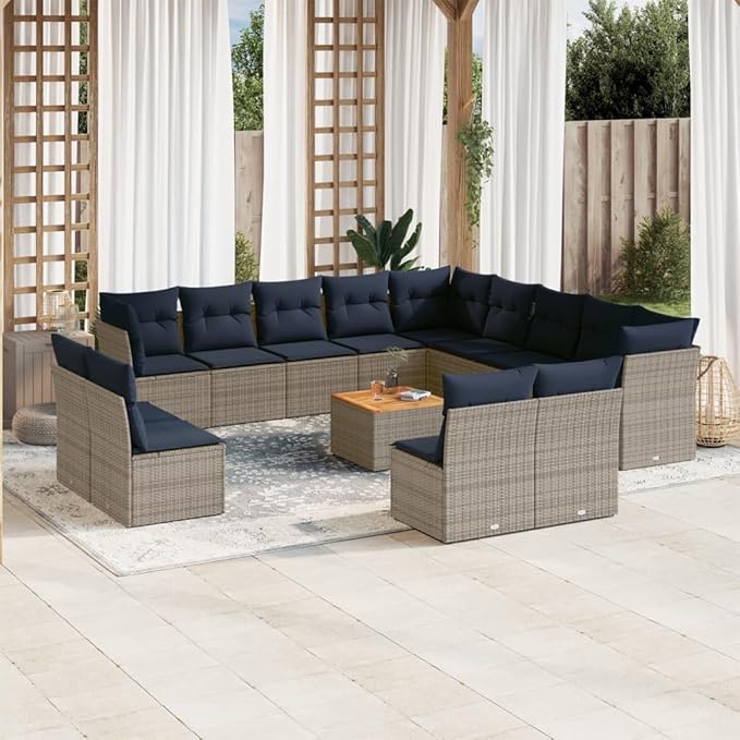 vidaXL Patio Sofa Set with Cushions 14 Piece, Outdoor Conversation Set, Patio Furniture Set for Balcony Garden, Modern Style, Gray Poly Rattan