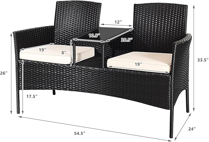 Outdoor Love Seat Set Patio Conversation Set with Cushion & Built-in Coffee Table, Outdoor Rattan Sofa Furniture Set for Garden, Lawn, Backyard (Beige)