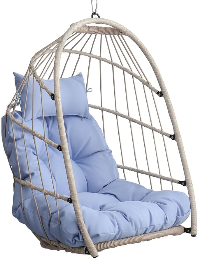 Hanging Egg Chair Without Stand – Foldable Rattan Wicker Swing Chair with Cushion & Headrest, 350lbs Capacity, Ceiling/Tree Mount Kit Included for Indoor Outdoor Use,Blue