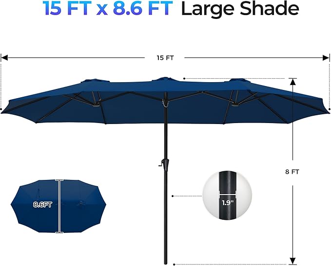 SUPERJARE 15FT Outdoor Umbrella for Patio, Double sided Pool Umbrellas with Fade Resistant Canopy, Large Table Umbrella for Deck, Market, Backyard - Navy Blue(No Base)