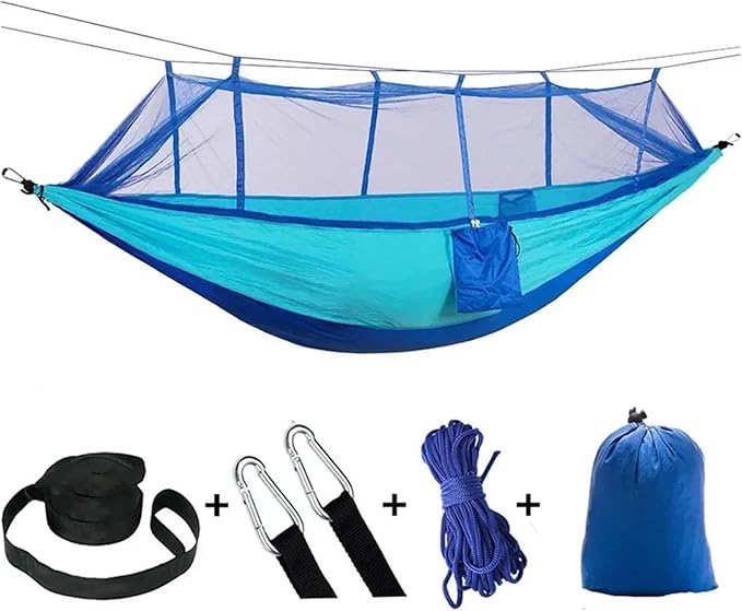 Hammock Camping Hammock with Net, Lightweight Portable Double Parachute Hammocks, High Capacity & Tear Resistance for Backyard,Hiking Camping Essentials (Color : Light Blue and Blue)