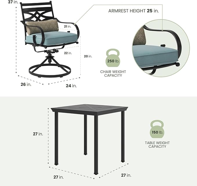 Hanover Montclair 3-Piece Outdoor Bistro Set with 2 Swivel Rocker Chairs with Comfortable Seat and Lumbar Cushions, 27" Square Stamped Rectangle Table, All-Weather Patio Conversation Set