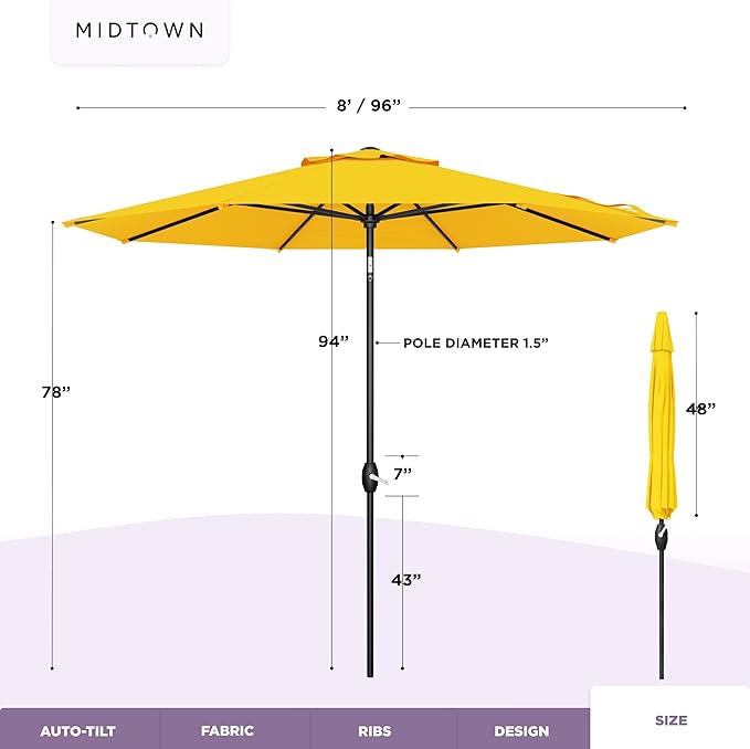 Midtown Umbrellas - The Lean 8 Ft Patio Umbrella with Fade-Resistant Sunbrella Fabric, Auto-Tilt Aluminum Frame and 8 Reinforced Ribs for Deck, Pool & Garden - Yellow Canopy, Black Pole