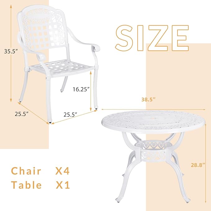 5-Piece Outdoor Patio Dining Set, All-Weather Cast Aluminum Patio Furniture Set with 4 Chairs and 38.5" Round Table for Backyard Garden Deck, 2" Umbrella Hole, White