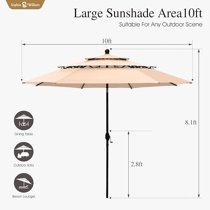 Sophia & William 10ft 3 Tier Auto-tilt Patio Umbrella,Wind Resistent,Outdoor Patio Umbrellas Double Vented Umbrella with Crank for Pool Garden Backyard, Beige