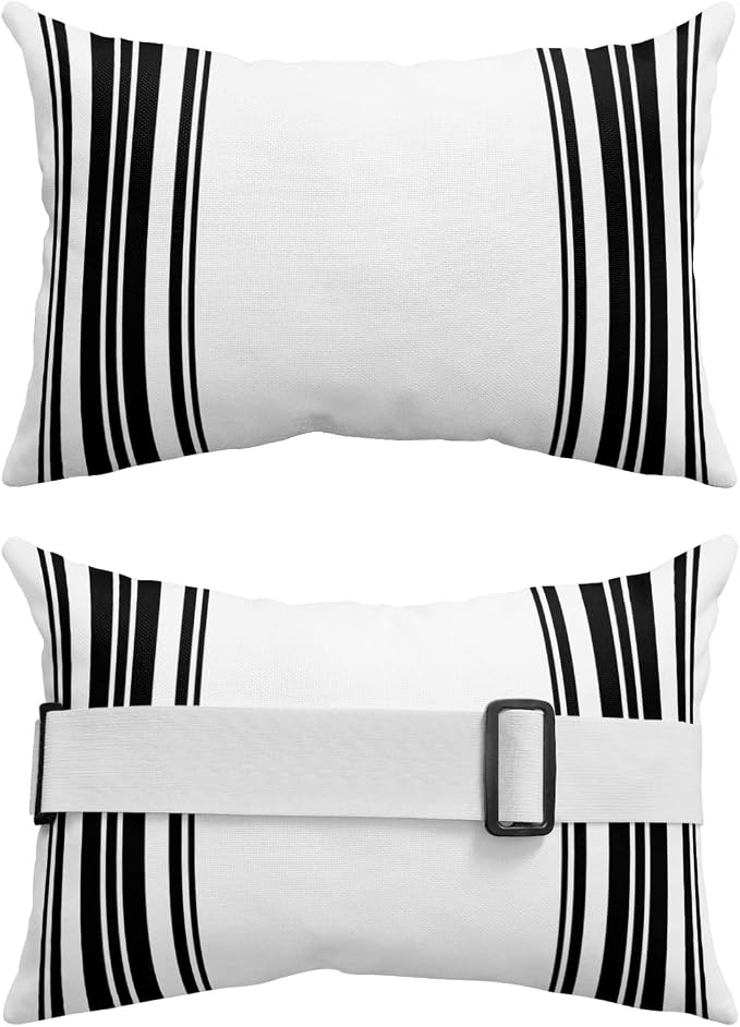 Outdoor Pillows Covers with Inserts Colorful Stripes Black Wood Texture White Waterproof Recliner Pillow with Adjustable Strap Throw Pillows for Patio Furniture Pool Lounge Chair, 11x16 inch, 1PCS