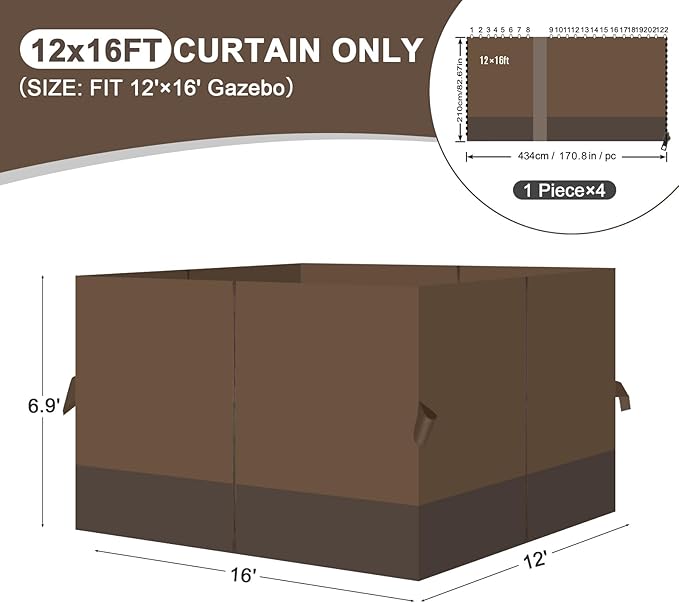 Aoodor 12x16 ft Outdoor Gazebo Curtains, 4 Panels Waterproof Privacy Sidewall Replacement with Zipper for Patio Pergola and Canopy, Brown and Coffee