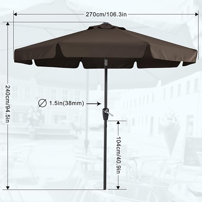MASTERCANOPY 9ft Patio Umbrella with Valance, Crank and Tilt – 8 Ribs Outdoor Market Umbrella, UV/Fade Resistant, Waterproof Canopy with Wind Vent for Garden, Deck, Backyard, Pool (Brown)