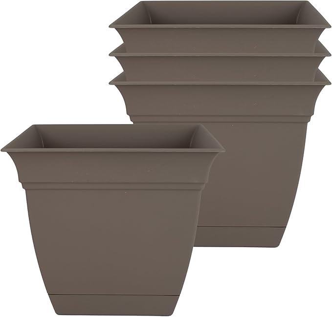 The HC Companies 6 Inch Eclipse Square Planter Pots with Drainage Holes & Attached Saucer, Lightweight UV-Resistant Plastic Indoor Outdoor Planters, 4-Pack Flower Pots, Garden Home Decor, Cappuccino