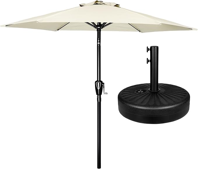 Simple Deluxe 7.5' Patio Umbrella with 20 Inch 50lbs Capacity Fillable Round Base, 6 Sturdy Ribs with Push Button Tilt/Crank for Garden, Deck, Backyard, Pool, Creamy White and Black