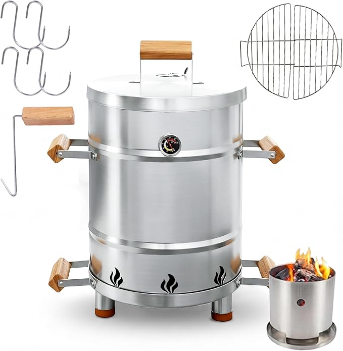 Charcoal Barrel Smoker Grill Combo, 100% Premium 304 Stainless Steel | 95% Less Smoke & Even Heat, Easy Clean Outdoor BBQ Cooker for Backyard & Balcony (Medium, 25 LBS Capacity)