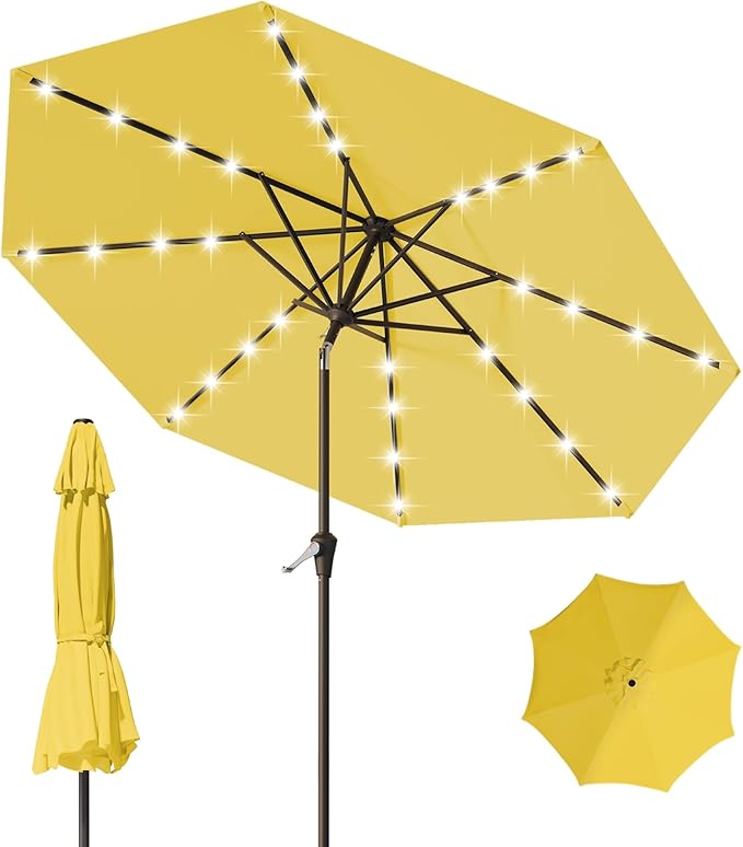 9FT Patio Umbrella with Solar Lights,Outdoor Market Umbrella with Tilt and Crank, LED Lighted Table Umbrella for Garden,Deck,Backyard,Pool,Beach (Yellow)