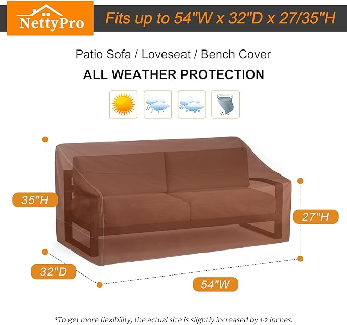 NettyPro Patio Loveseat Sofa Cover Waterproof Heavy Duty Outdoor Couch Furniture 2 Seater Cover, 54" Wx 32" Dx 35" H, Brown