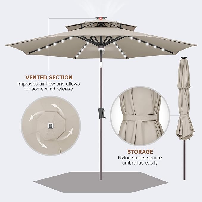 9ft Solar Umbrella Outdoor - 2-Tier Lighted Solar Patio Umbrella with 40 LED Lights Waterprool UV Protection, Table Umbrella with Tilt for Pool, Porch, Garden, Backyard (Taupe)