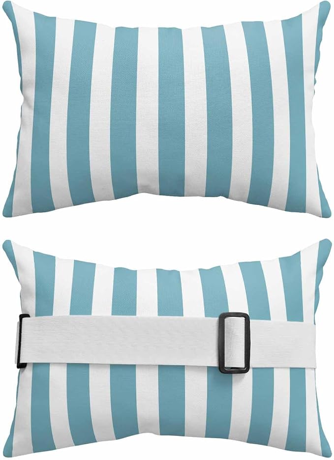 Aqua Striped Outdoor Chaise Lounge Head Pillow with Insert, Modern Farmhouse Blue White Stripes Waterproof Headrest Lumbar Pillow Cusion Cover with Elastic Strap for Patio Beach Recliner, 11"x16" 1PCS