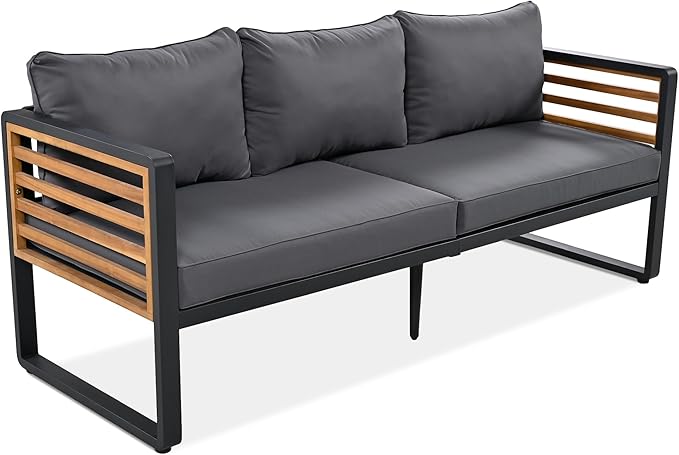 SOFTSEA 4-Piece Patio Acacia Wood Sofa Set, Outdoor Conversation Set with Heavy Duty Metal Frame & All Weather Cushions, Acacia Wood Sofa Set with Coffee Table for Balcony, Poolside, Grey