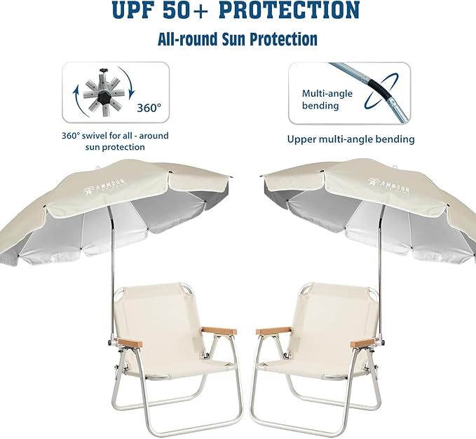 AMMSUN Chair Umbrella with Universal Clamp Adjustable 47 inches and 360° Swivel & UPF 50+ Protection Portable Sun Umbrella, Secure Clip on Camping/Beach Chairs, Stroller, Wheelchair, Golf cart, Lounger, Beige, 2 PACK