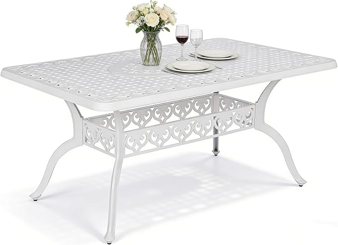 MEETWARM Outdoor 60" Rectangular Patio Dining Table, All Weather Cast Aluminum Large Patio Furniture Table Fits for 6-8 Person with 2" Umbrella Hole, White