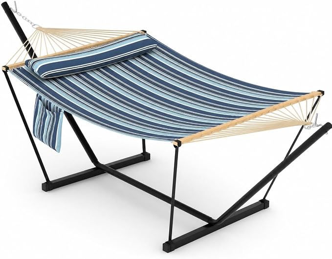 Double Hammock with Stand for Outdoor - Heavy Duty Portable 2 Person Hammock with Adjustable Steel Stand, 450 Lbs Capacity Free-Standing Fabric Hammock Bed with Spreader Bars, Pillow & Side Pocket