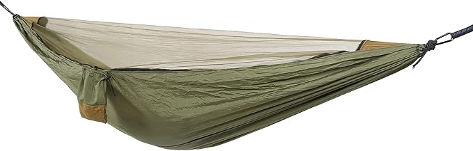 Single Hammock with Mosquito Netting, Nylon Camping Hammock, Anti Mosquito, Portable, Packable, Outdoor Sleeping Swing 280x140cm (Military Green + Camel Color)