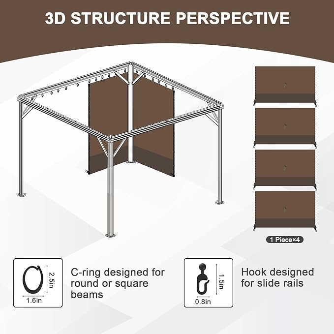 Aoodor 12x16 ft Outdoor Gazebo Curtains, 4 Panels Waterproof Privacy Sidewall Replacement with Zipper for Patio Pergola and Canopy, Brown and Coffee