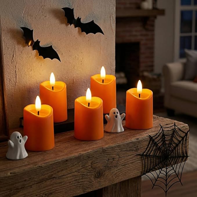 Simplelight Orange Halloween Flameless Votive Candles with Timer, Realistic Black Wick Fall Candles Battery Operated, Battery Included, D 1.8” X H 3.1”, Set of 6 for Pumpkin Decoration (Orange)