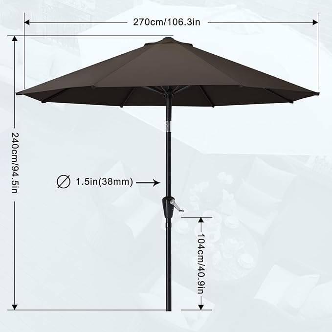 MASTERCANOPY 9FT Patio Umbrella with Push Button Tilt and Crank, Outdoor Market Umbrella with 8 Sturdy Ribs, UV Protection & Waterproof for Garden, Deck, Backyard, Pool (Brown)