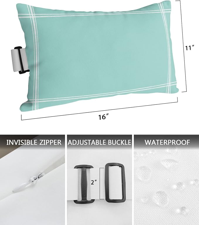 Outdoor Pillows Covers with Inserts Solid Color Light Cyan Waterproof Recliner Pillow with Adjustable Strap Throw Pillows for Patio Furniture Pool Lounge Chair, 11x16 inch, 1PCS