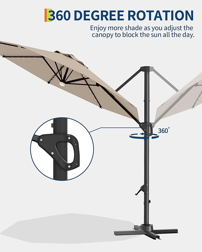 GarveeLife 10 ft Cantilever Umbrella Outdoor Patio Umbrella Solar LED w/Base Included Market Offset Umbrella Sun Shade Windproof with 360-Degree Rotation for Patio Garden Deck Pool, Tan