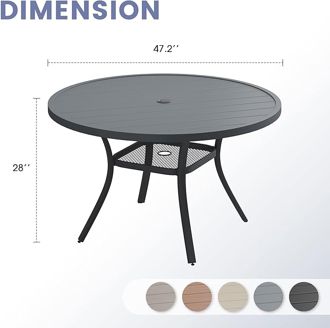VICLLAX 47.2" Round Patio Table, Outdoor Dining Table for 6 with Umbrella Hole for Garden Lawn Deck Backyard, Dark Grey