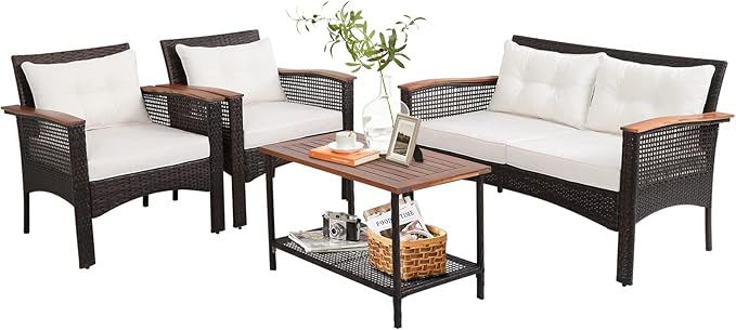 Tangkula 4-Piece Patio Furniture Set, Patiojoy Acacia Wood Outdoor PE Wicker Conversation Set with Cushions, PE Rattan Sectional Sofa Set for Lawn, Porch, Poolside, Backyard (Off White)