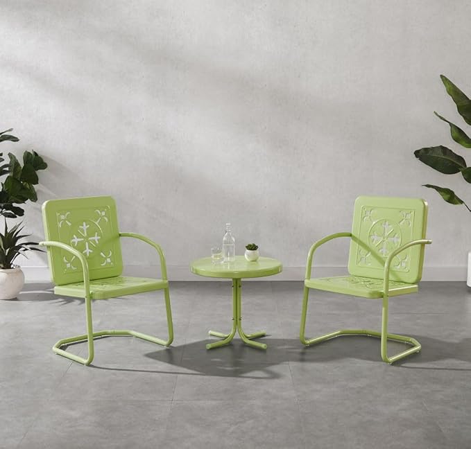 Crosley Furniture Azalea 3-Piece Vintage Outdoor Chair and Side Table Set, Retro Metal Patio Conversation Sets, Key Lime Gloss