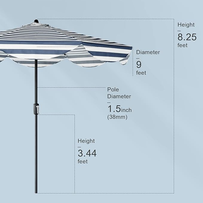 Tempera 9ft Scalloped Patio Umbrellas Outdoor Table Umbrellas with Fade Resistant Canopy, 8 Sturdy Rids, Elegant Vintage Umbrellas for Lawn, Pool, Deck, Balcony