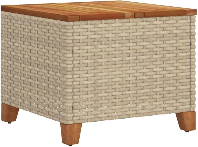 vidaXL Patio Table, Side Coffee Table with Steel Frame, Square Outdoor Table for Garden Backyard Balcony, Beige Poly Rattan Acacia Wood