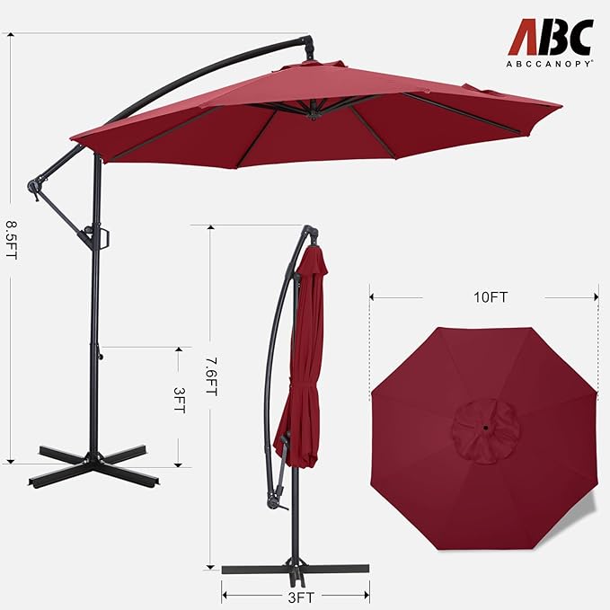 ABCCANOPY 10FT Cantilever Patio Umbrella with base included, 360° Rotation Outdoor Offset Umbrella for Backyard, Deck, Poolside (Dark Red)