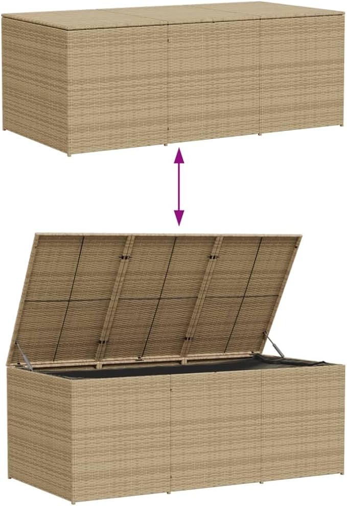 Outdoor Storage Box, Patio Rattan Deck Box, Wicker Storage Bin Deck Box, Poly Rattan Patio Storage Chest with Hinged Lid for Cushions, Pillows, 70.9"x35.4"x27.6" Mix Beige