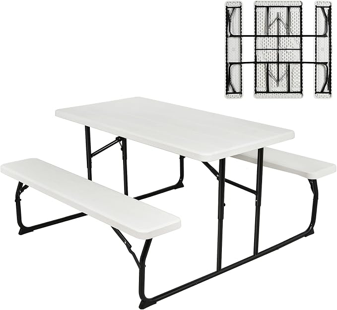 Giantex Folding Picnic Table Bench Set, Outdoor Dining Table Set, Large Camping Table for Patio Deck Lawn Garden Backyard Poolside, Portable Picnic Tables, Weather Resistant Metal Frame, White