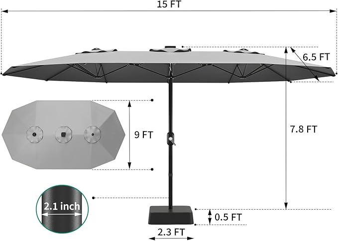 15 ft Umbrella Outdoor Patio with Base, Double-Sided Rectangular Outdoor Shade,UV & Fade-Resistant Polyester, Easy Crank Lift,Waterproof Market Umbrella for Pool, Garden, Backyard