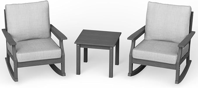 HDPE Patio Conversation Set, 3-Piece All Weather Outdoor Furniture Set with 2 Rocking Sofas for Deck, Lawn, with Cushion, Gray