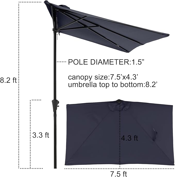 COBANA 7.5’by 4’Half Rectangular Outdoor Patio Umbrella for Patio, Balcony, Garden, Deck, Dark Blue