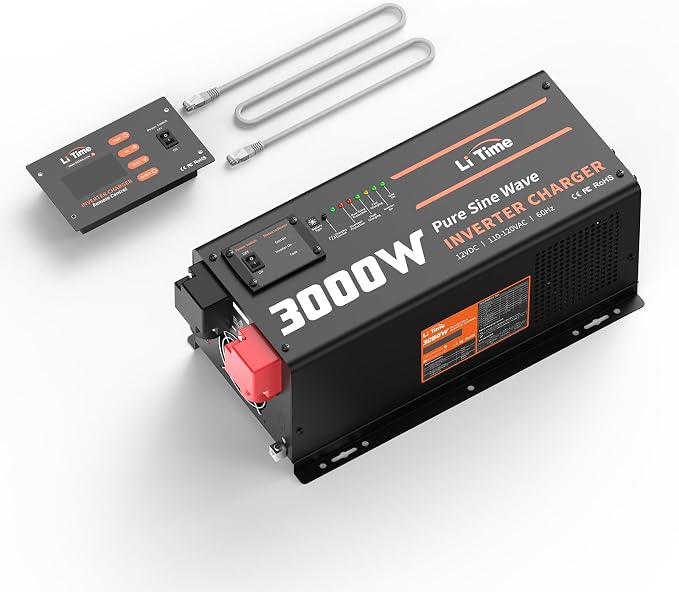 LiTime 3000W Pure Sine Wave Inverter Charger, 12V DC to 120V AC Solar Controller, 9000W Peak Power, UPS Function, 5A - 45A Adjustable Current, LCD Remote Control, for RV, Home Backup, Truck, Boat