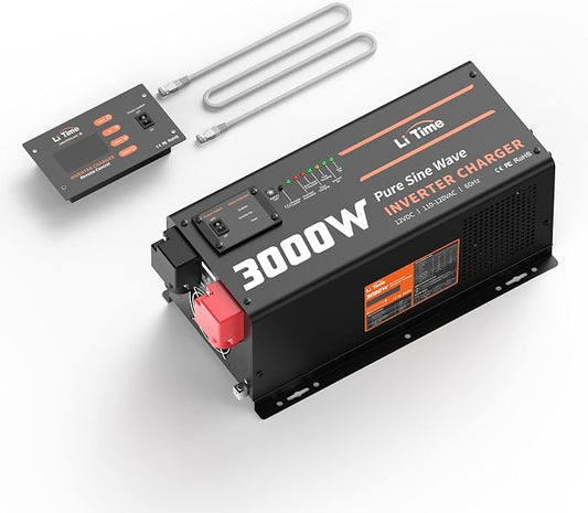 LiTime 3000W Pure Sine Wave Inverter Charger, 12V DC to 120V AC Solar Controller, 9000W Peak Power, UPS Function, 5A - 45A Adjustable Current, LCD Remote Control, for RV, Home Backup, Truck, Boat