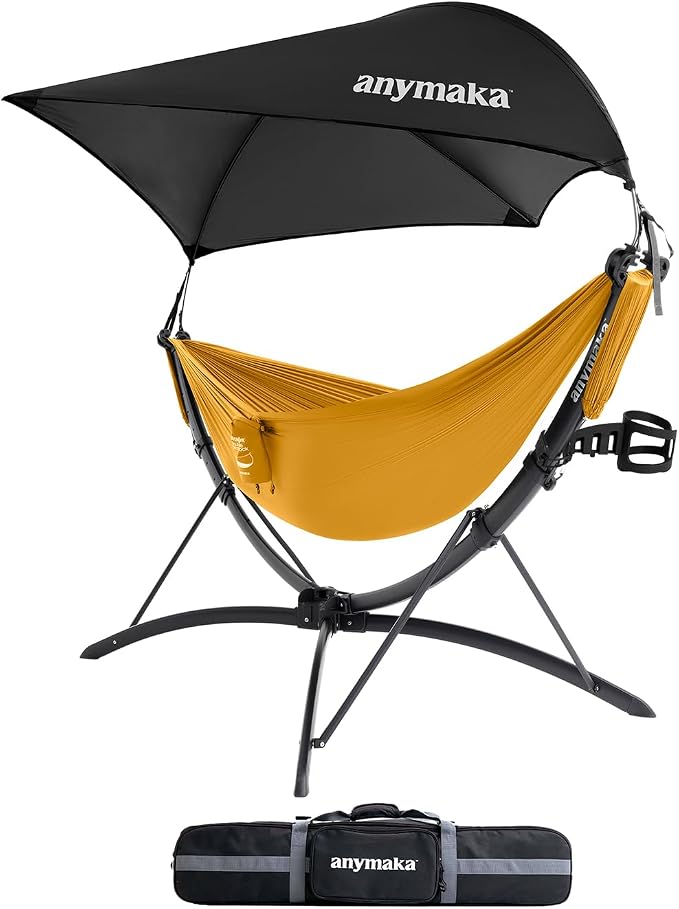 anymaka Set Up in 3 Seconds Adjustable Portable Aluminum Alloy Hammock Stand for Outside with Chair Mode & Lounge Mode up to 105'' (Full Pack Yellow-1)